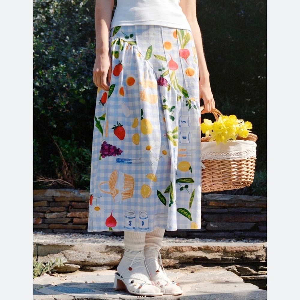 Lisa Says Gah Maeve Midi Skirt Picnic Alfresco Gingham Blue Size Medium NWT New - Picture 6 of 13